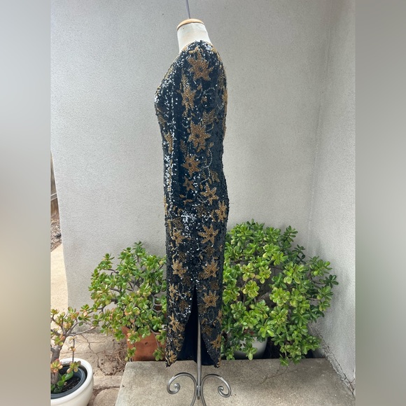 Vintage Sho Max gorgeous beaded sequins dress black bronze floral Sz M - Picture 3 of 12